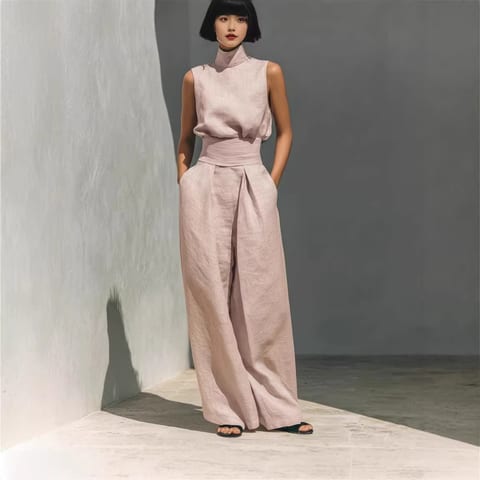 Casual Sleeveless Suit Summer Stand-up Collar Pullover Top And Loose