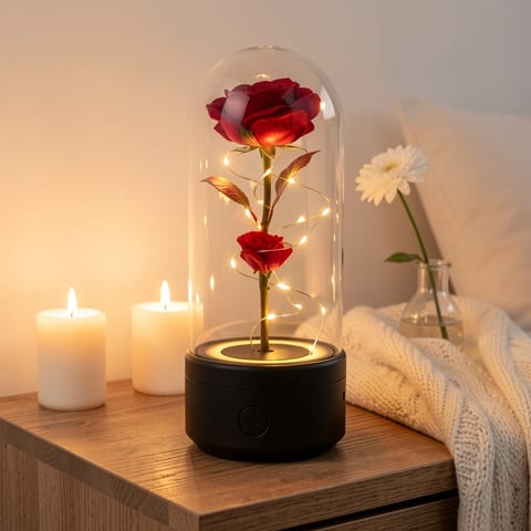 A romantic night light with a pink rose in a glass dome on a wooden table