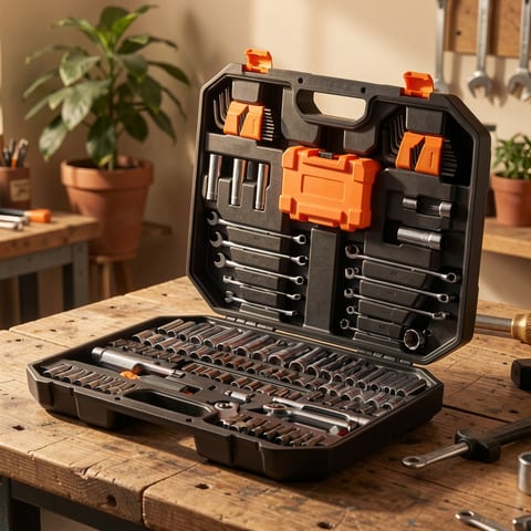 145-piece mechanic tool kit with black case open
