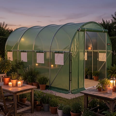 A green walk-in tunnel greenhouse with a zippered door and roll-up windows.