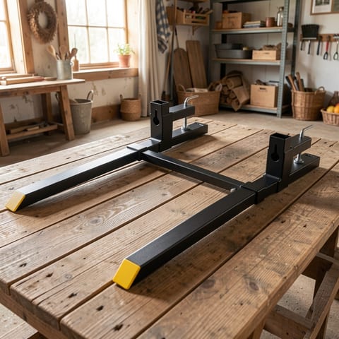Close-up of black metal pallet forks with red VEVOR logo