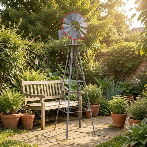 A grey and red windmill on a green lawn in front of a house
