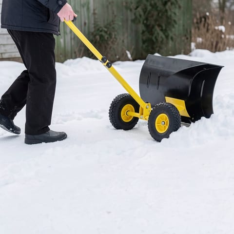 Adjustable manual snow removal vehicle with yellow handle and black blade