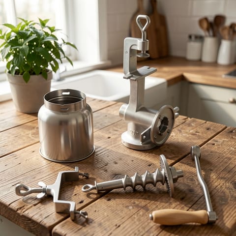 A silver manual grain grinder with a wooden handle on a clean background