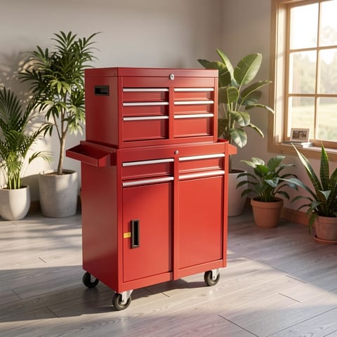 Red tool cart with drawers and cabinet in a garage