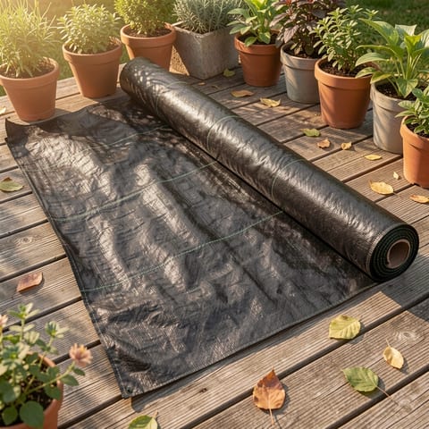Black weed barrier cloth rolled out on the ground