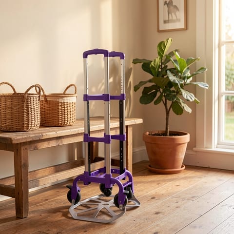 Purple foldable luggage cart with wheels on a white background