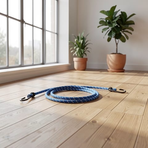 Blue rope with black hooks on both ends coiled on a white background