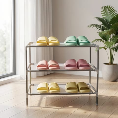 Gray 3-tier shoe rack with non-woven fabric shelves and metal frame