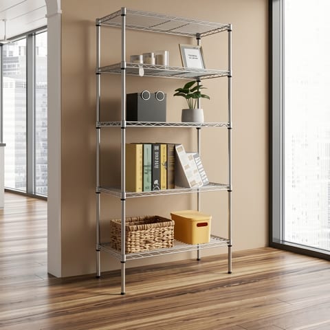 A silver gray 5-layer storage rack with various items on it