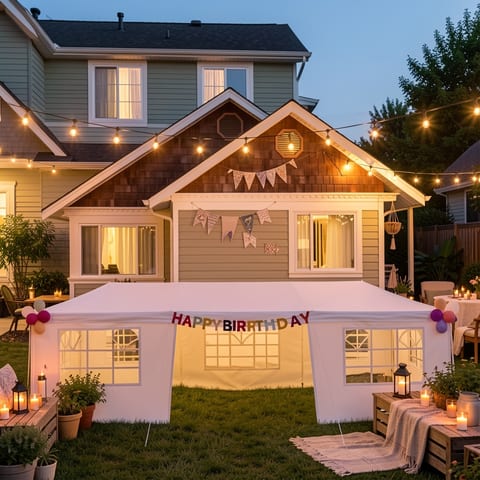 Large white party tent set up in a backyard with a happy birthday banner