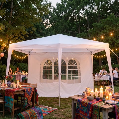 A white 3x3m canopy tent set up on a grassy area near a waterfront with trees and a clear sky in the background.