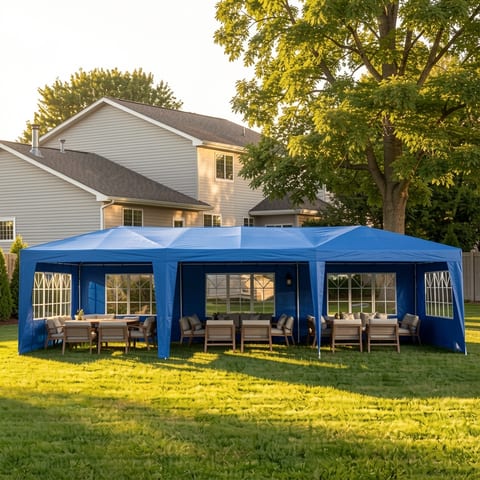 Blue party tent set up in a backyard with tables and chairs inside