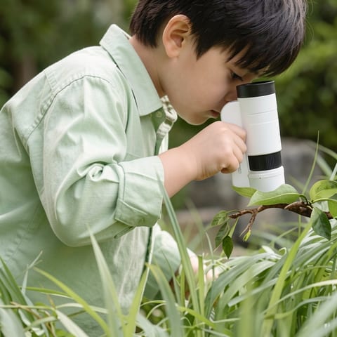 A child holding a portable microscope up to a leaf