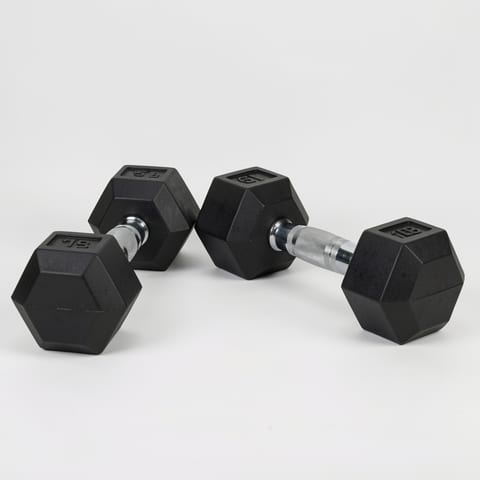 A pair of 15LB rubber-coated dumbbells on a white background