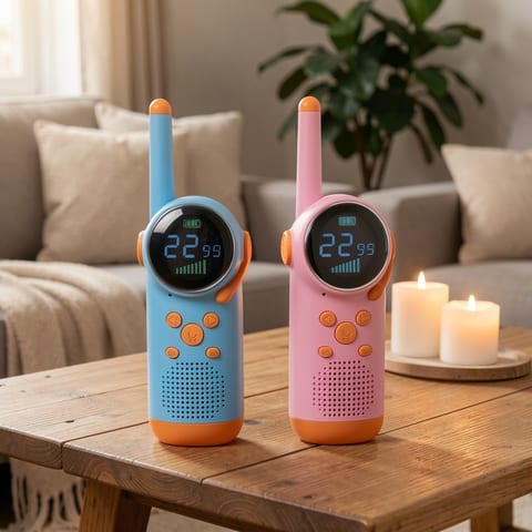 Two walkie-talkies, one blue and one pink, with LCD screens and yellow accents.