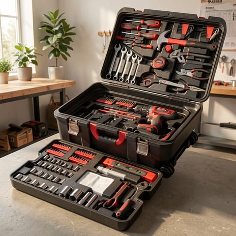 599-piece tool set in a black toolbox with red accents, open showing various tools