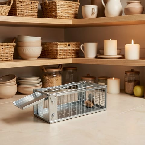 Galvanized iron mouse trap on a table with natural light