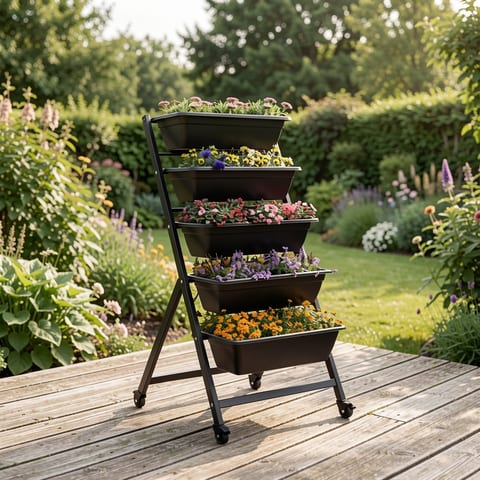 Vertical garden planter with five tiers of flowers on a patio