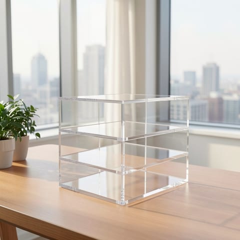 Clear acrylic book display stand on a wooden desk with a laptop and a woman in the background.