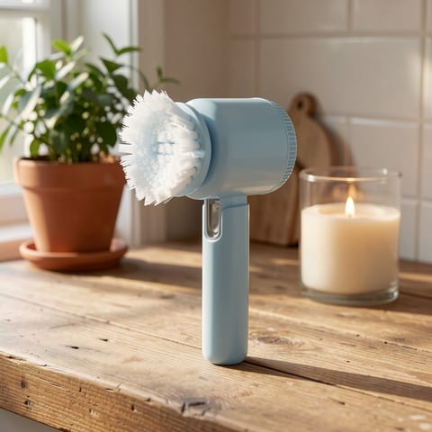 Hand holding electric cleaning brush with green and yellow brush head