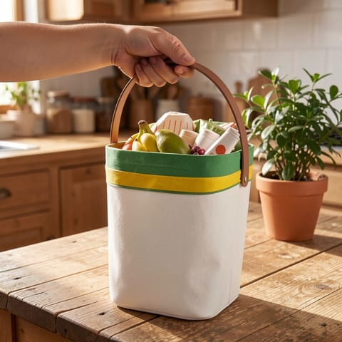 A green and white box of drawstring garbage bags on a pale background