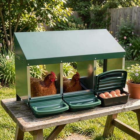 3-compartment chicken feeding trough with green roof and black trays