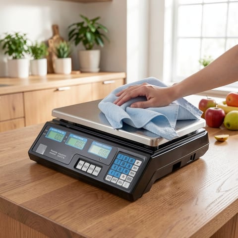 Digital price calculation scale with stainless steel top and black base