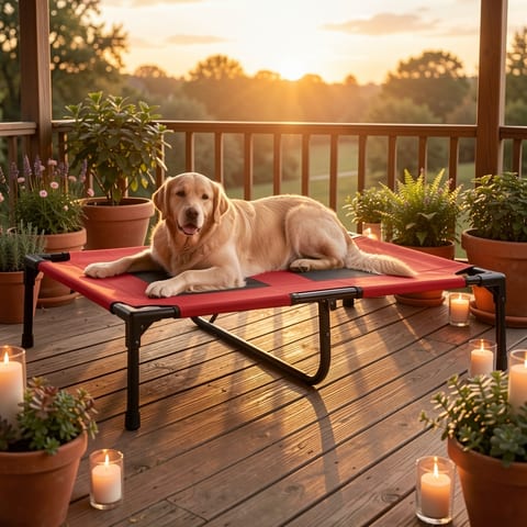 Red elevated pet bed on a white background