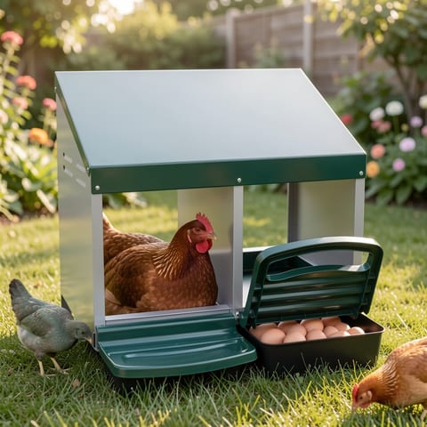 Green and metal 2-compartment chicken feeding trough with dimensions labeled