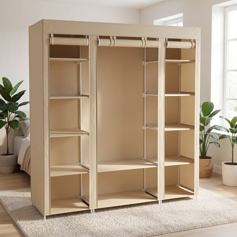 Beige portable closet organizer with shelves and hanging rod