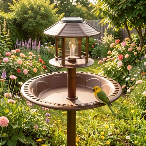 Birdbath with solar light in a garden setting