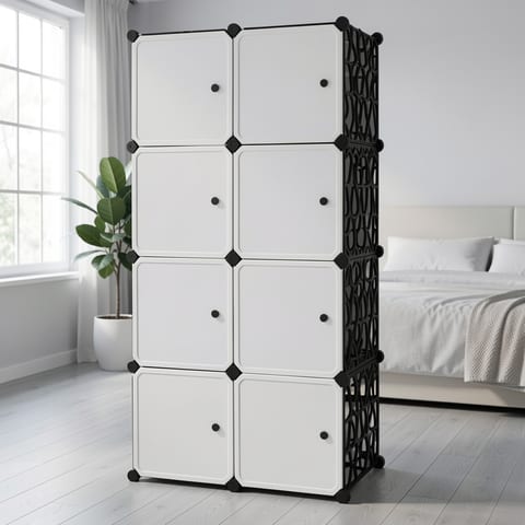 Modular storage unit with white and black panels