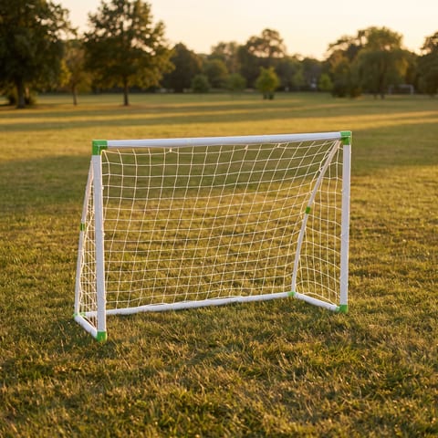 Front view of 6x4 ft white and green PVC soccer goal with white net
