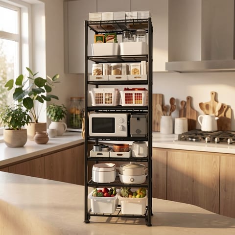 Eight-layer steel wire storage rack with adjustable feet and hooks