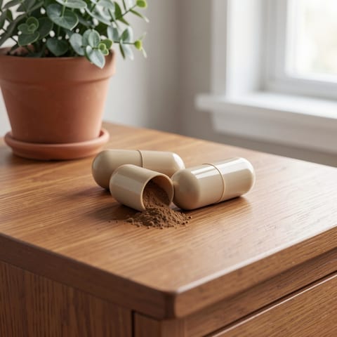 A white plastic bottle of Ginkgo Biloba & Ginseng capsules on a plain background with capsules scattered around