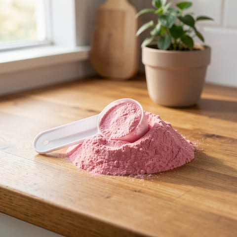 A white plastic container with a pink and yellow label reading 'ENERGY POWDER' and a pile of pink powder in front.