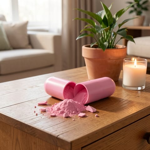 Vision Support Supplement bottle with pink capsules spilling out