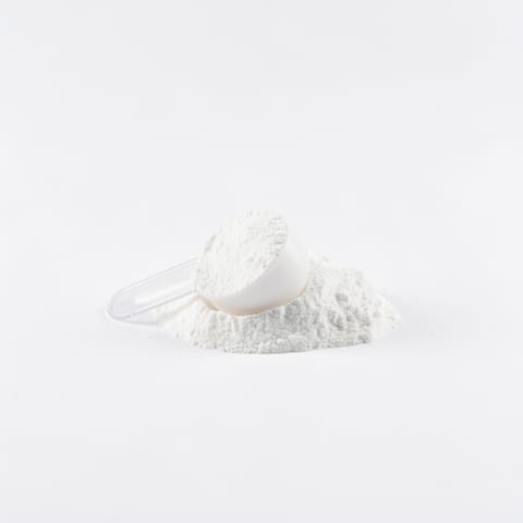 black container with gray and white label, fruit punch flavor, with scoop of white powder
