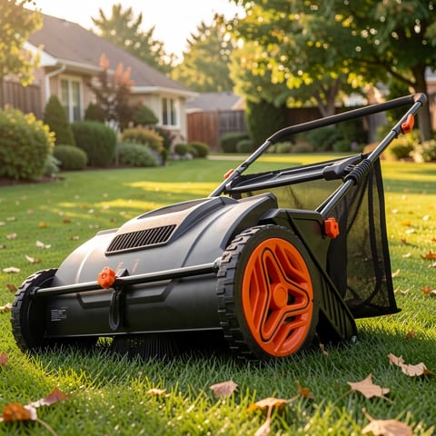 A person using a black lawn sweeper with orange wheels and a large mesh collection hopper.