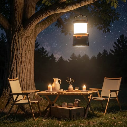 portable LED camping lantern with orange and black design on a table