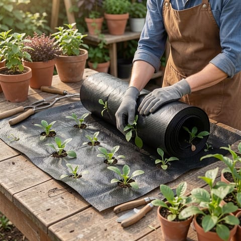person wearing gloves touching plants on weed barrier fabric