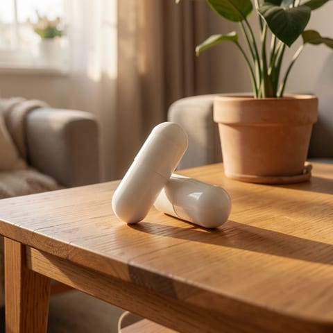 Probiotic supplement bottle with capsules spilled out