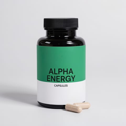 A bottle of Alpha Energy dietary supplement capsules with two capsules in front