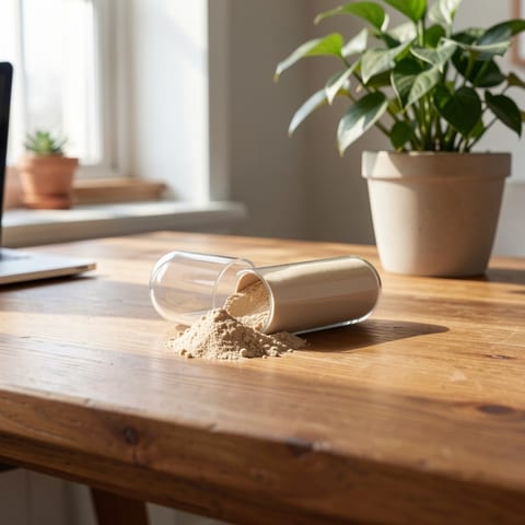 A white plastic bottle with a yellow label and beige capsules