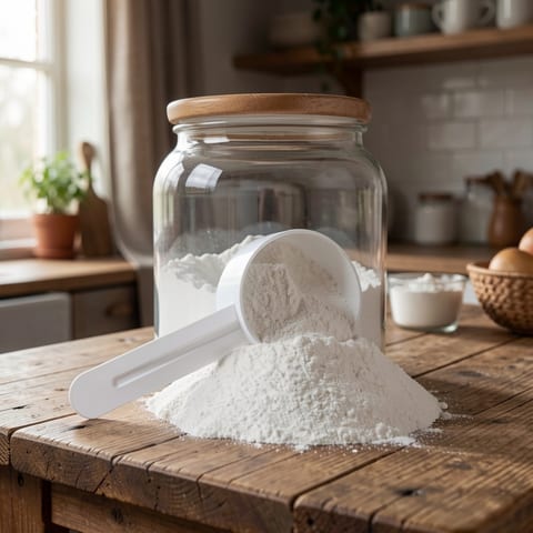 hydrolyzed collagen peptides powder in white container with green label