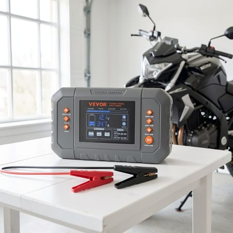 Battery charger with LCD display on a car engine background