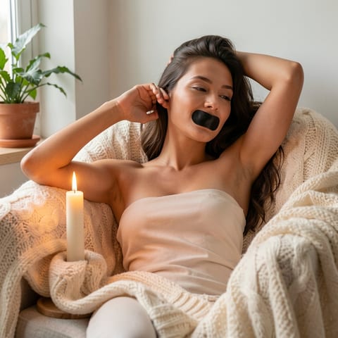 Woman sleeping peacefully with anti-snoring patch on mouth