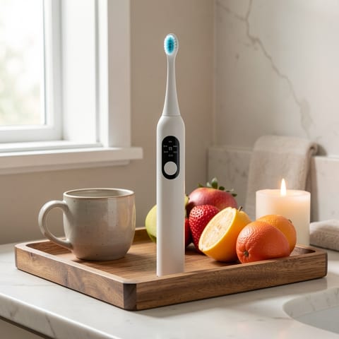 Electric toothbrush with white handle and blue light on brush head