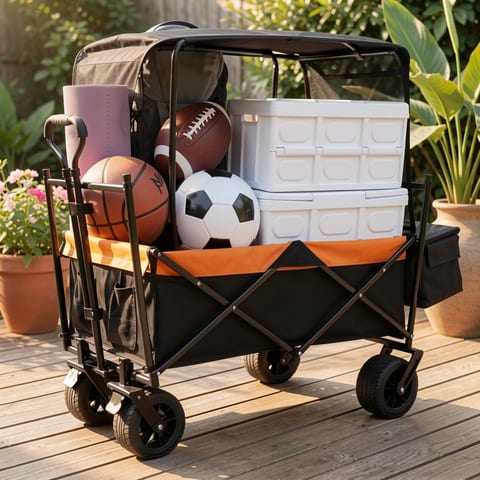 Collapsible wagon with canopy and 7 all-terrain wheels, shown from the back with black frame, orange canopy top, and gray fabric sides